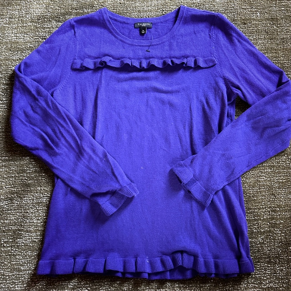Talbots Purple-Blue Ruffle Trim Lightweight Cotton Cashmere Blend Sweater, Sz S